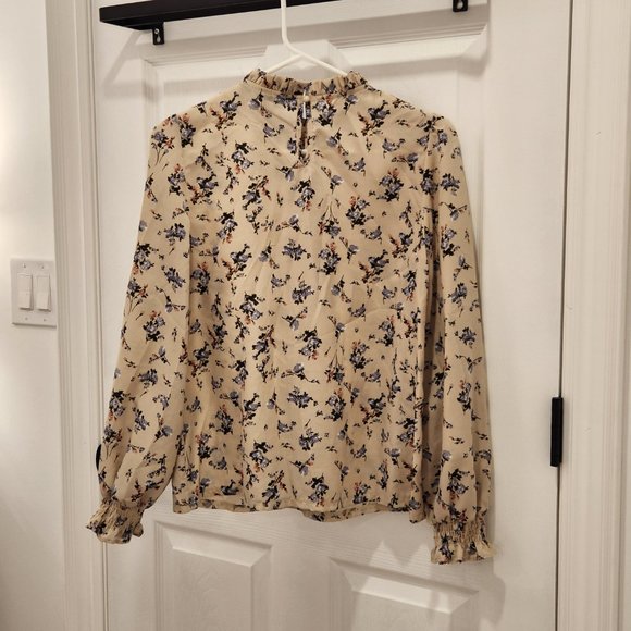 Shein Frill Neck Pleated Front Shirred Cuff Floral Print Top Apricot - Picture 2 of 7